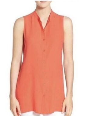 Eileen Fisher Orange Silk Sleeveless Button Down Tunic Top
